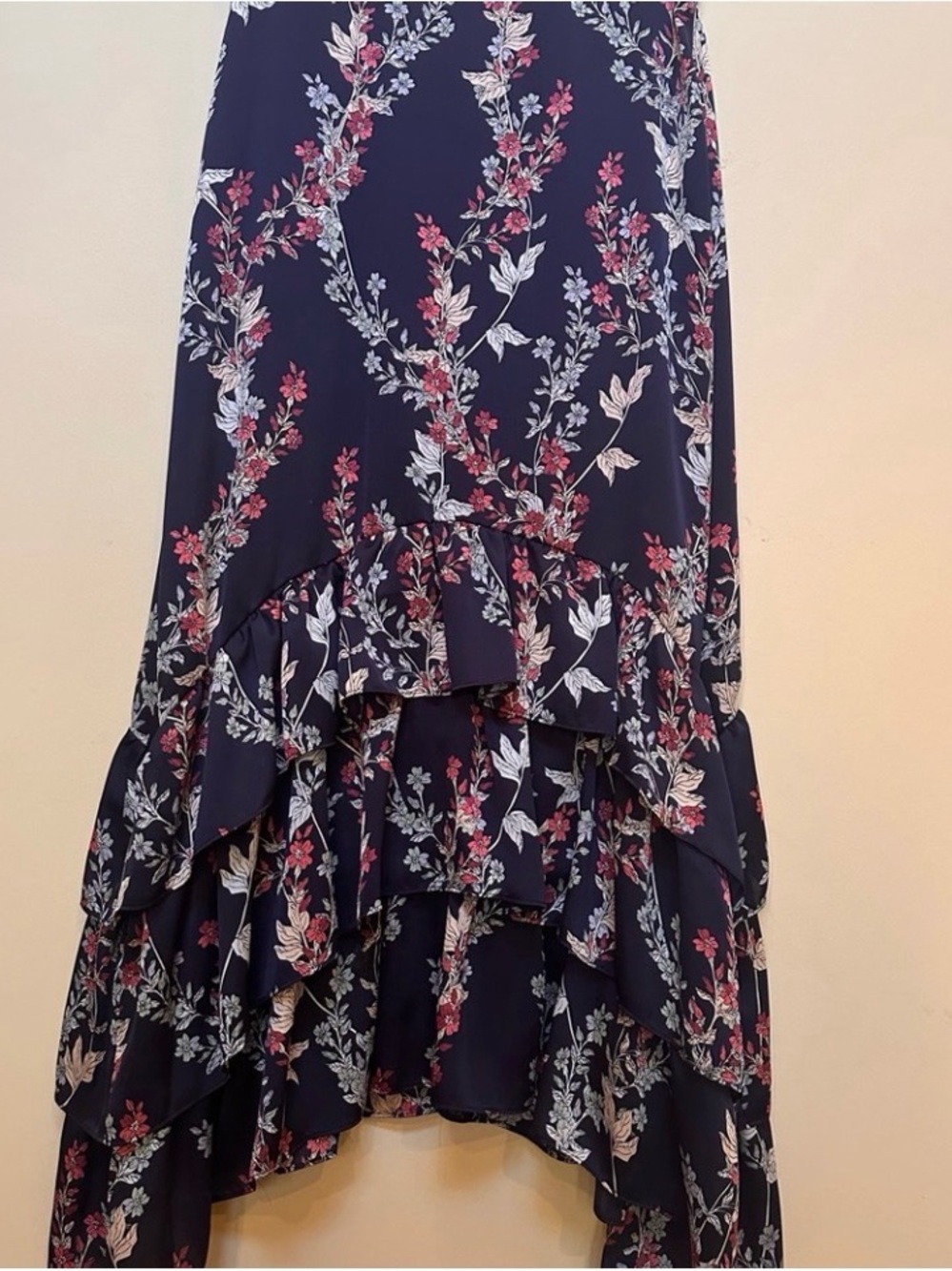 BCBGMaxAzria Navy Floral Ruffle High-Low Skirt